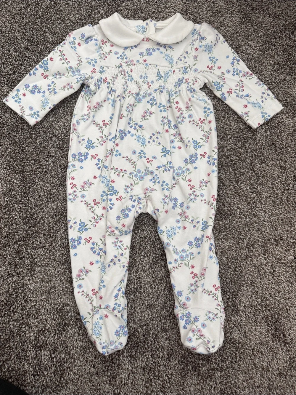 Little Me White Footed One-Piece with Blue & Pink Floral Print